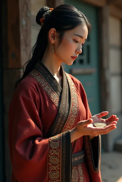 A Mongolian woman holding coin by both of her hand, facing left side. Full body 
