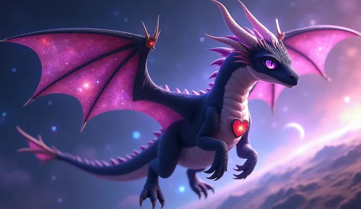 Please, make a FEMALE western dragon specifically with the following description: 
-That the body is purple(almost black) and violet eyes/lilacs and a single tail(with nothing on the tip) 
-Tiene una gema color red con forma de corazón posicionado cerca de...