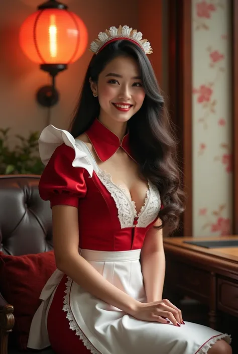 A Chinese woman with a maids uniform (0.8 probability) and long, flowing hair sits confidently with a laugh-filled smile. Fully clothed in a curve-hugging dress, she exudes a sense of sweetness as a Sugar Babe. Captured in ultra-high definition (UHD), the ...