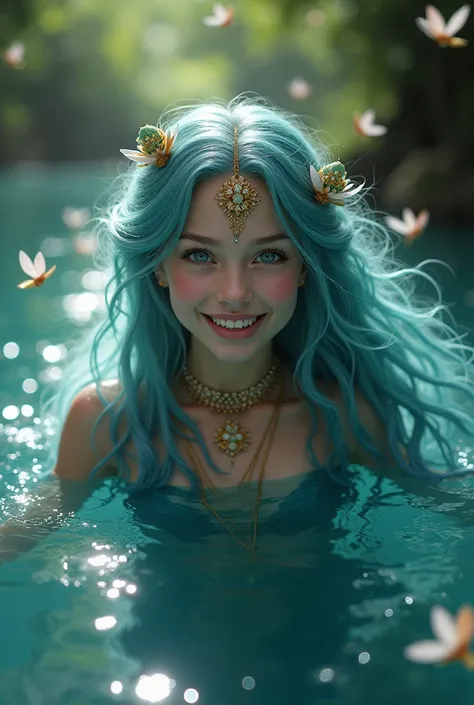 Nereid girl, 20 years old, with long aquamarine hair, very innocent dark blue eyes, a cheerful and enthusiastic smile with pronounced vampire fangs, full body, dressed with a dark blue robe, decorated with gold jewelry and accessories. Swimming in a lake w...