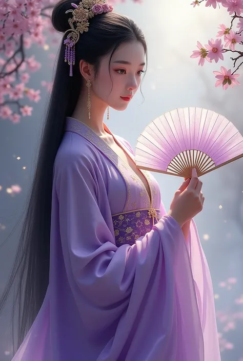 Can you generate an image of a Chinese girl  with long black from ancient period in a purple hanfu and with a matching fan