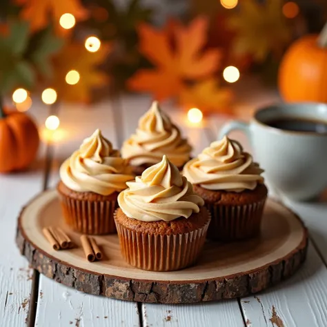 Enjoy your Beautiful and delicious Pumpkin Spice Cupcakes - Spiced cupcakes with pumpkin-flavored frosting. at rustic wooden plate ,autumn dessert on white rustic table, fresh coffee , fairy lights bokeh, gren orange leaves , autumn items , AUTUMN concept