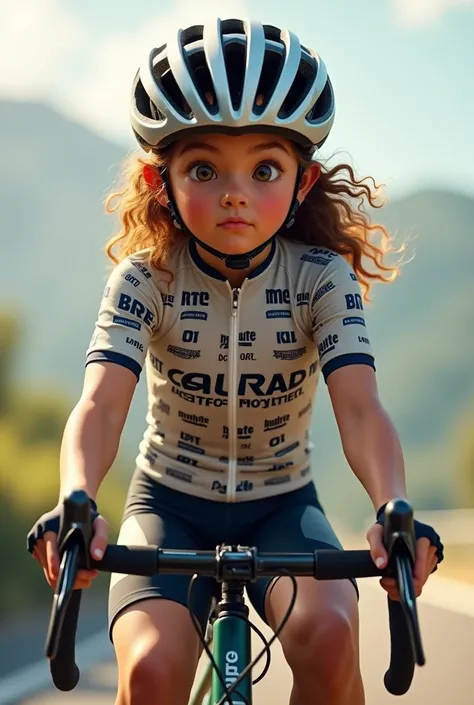 "A young male cyclist of about 2 with long curly hair. He wears a cycling helmet and is dressed in tights and a tight T-shirt covered in advertising.. His appearance is athletic and has a competitive air., reflecting his dedication to cycling. The image sh...