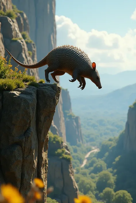 the armadillo jumped off a very large cliff