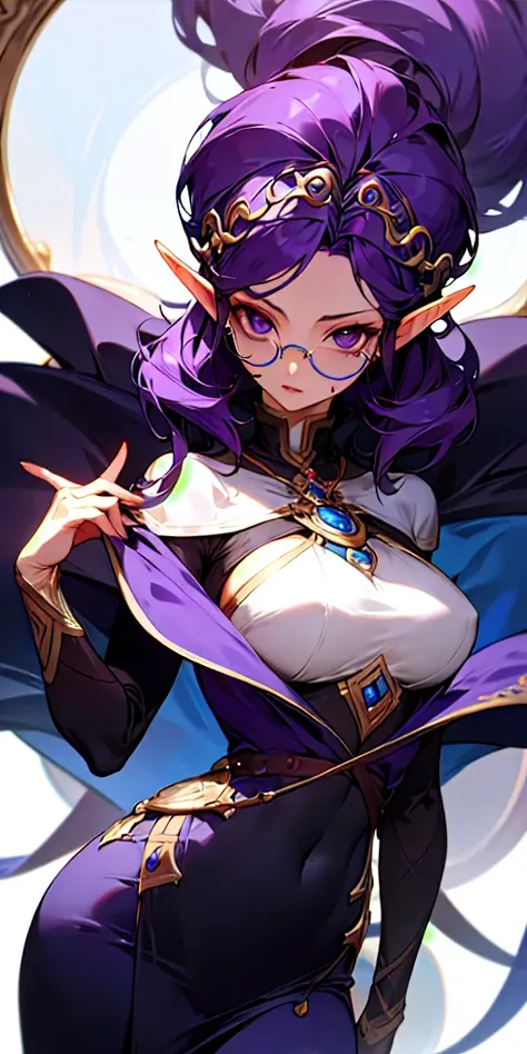 woman with dark purple hair, with round lenses, Elf&#39;s ears, pale skin, black fingerless gloves, a black bow in her hair, a skirt with a sleeveless black blouse,