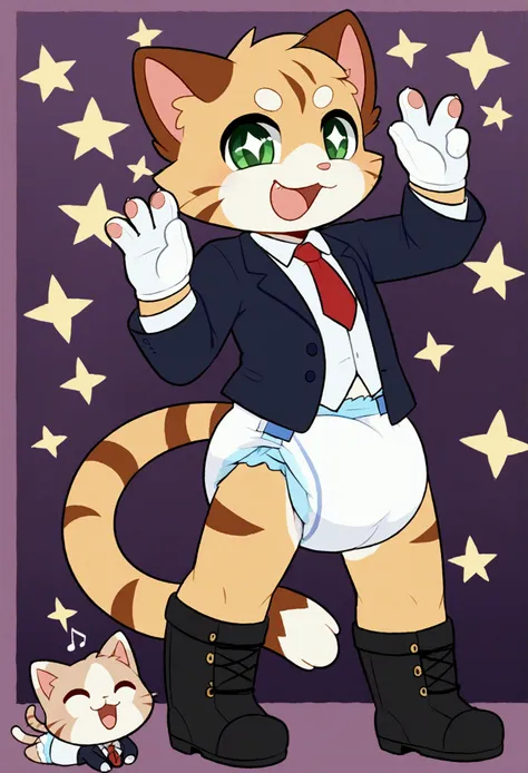 furry, bodyfur, boy, chibi, cat, blazer, shirt, bottomless, smile, gloves, boots, diaper, sparkling eyes, bulge, idol, singing, dancing