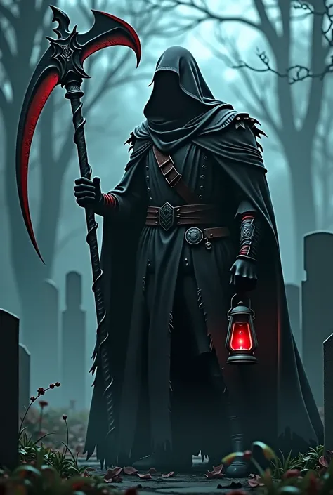 (Scene: Dark horror cemetery scene at night with mist on the ground. Some light to accent the ominous look of the scene.) (Character: Death itself, male figure with a burly figure. Hes tending to the cemetery but has guard-like pose.) (Clothing: Ripped clo...