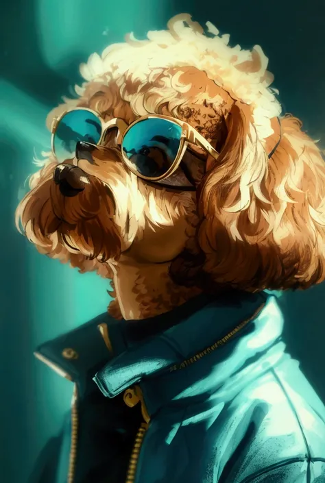 a portrait of a cute brown poodle dog in 1960s space age fashion, side profile, photographed with a Canon EOS R5, strong contrasts to highlight the subject, neon blue tones, wearing a very modern jacket and sunglasses in a 1960s retro style, monochrome clo...