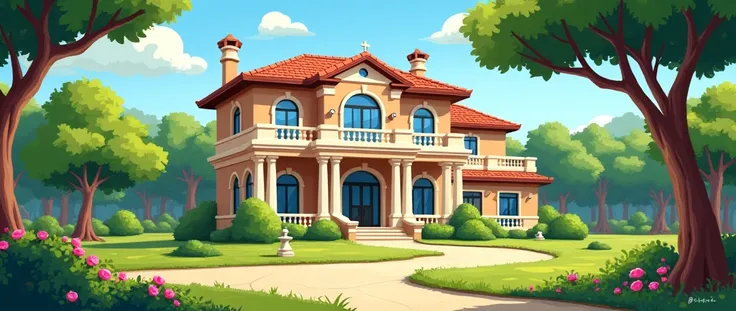 Luxury house in Houston in cute cartoon, that does not have trees around, that has a garden