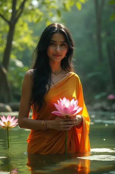 a beautiful Pakistani girl is taking lotus from a pond in the jungle . she is wearing saree. her hair is long and black. there are some lotus in one hand. she is half wet. her half body is under water. she is standing and smiling 