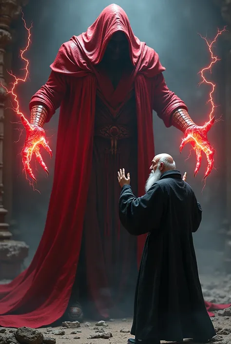 3D red hooded demon with lightning and a rabbi appeasing his anger