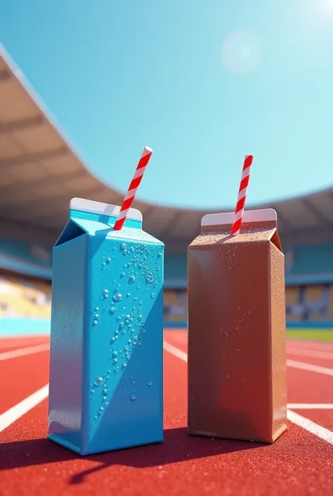 Two boxes of chocolate milk (one blue and the other brown) sweaty, with a straw (red and white striped) on a sunny day inside a stadium with a track for runners