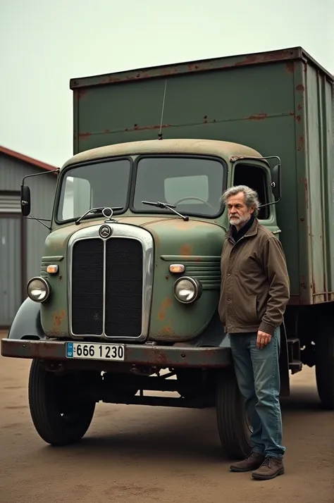 1 2 man leaning against the open door of a very old Mercedes 1113 truck, image must show the entire truck photo taken 10 meters from the person, and she must be looking at the picture 