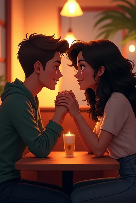 A short brown haired man sitting across a booth from a dark haired girl wirh curls. He holds her hand over the table between them, as they enjoy their first date