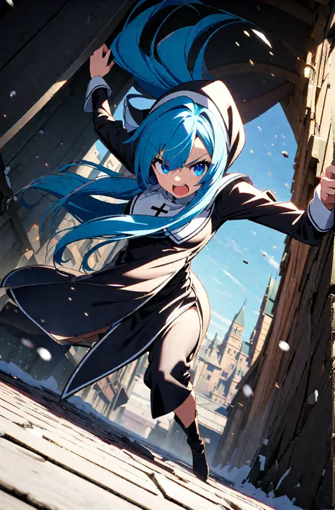 1 adult woman,black nun costume,blue long hair,blue eyes,  trend on pixiv, conceptual art,beautiful anime scene,snow vilage,dynamic pose,dynamic angle,(furious),