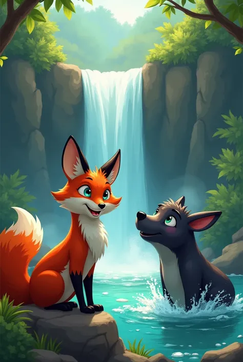 make this lamdscape the fox is laughing to black carabao cause carabao trying to catch fish in the waterfalls like fox everyday do