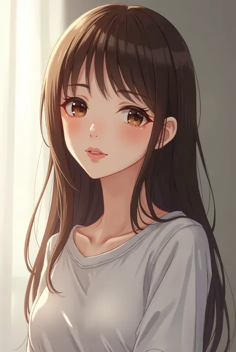 Girl, long straight brown hair, brown eyes, sharp features, white skin, pink lips, perfect, anime, wearing a long-sleeved t-shirt.