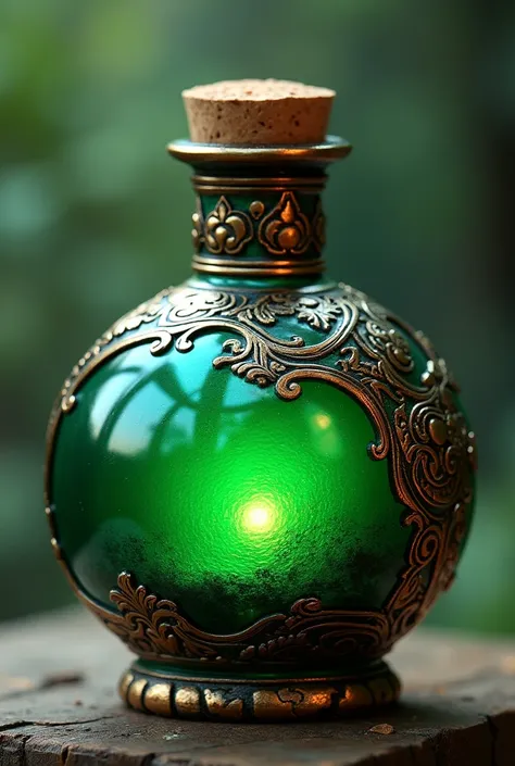 (best qualityer, high resolution, ultra detali, realisitic:1.37), vibrant green iridescent round potion, with a sophisticated metallic bronze brode motif, game themed potion style, cork lid Complete the details：
- A potion with a vibrant green, bright irid...