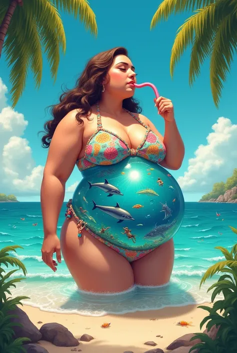 A beautiful, fat woman drinking the sea with a straw with many sea animals and people swimming inside her stomach in a bikini on the beach 

