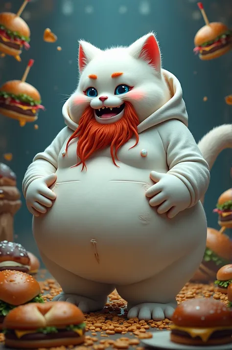 an obese plump gluttonous overweight white ghost cat, white ghost skin, surrounded by junk food burgers, red beard, long red hair, immensely exposed large fat chubby round belly, small sized white galaxy hoodie, black pants, hood on head, full glowing blue...