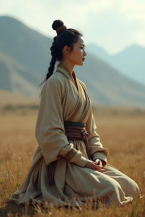 A Mongolian women kneeling down on both knees, facing right side, fully body 
