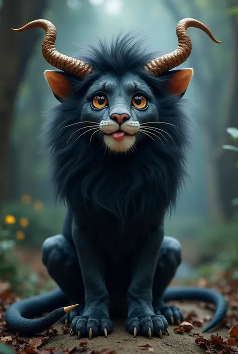 a black lion with two tails and horns A cute face and a tongue hanging out. 