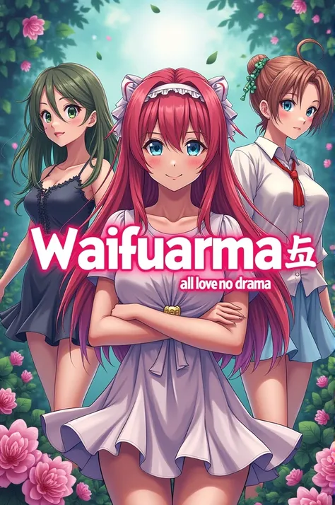 a graphic designed poster for an anime toy brand called waifurama with the headline "waifurama" printed on it, underneath the headline it reads, "All Love No Drama" and it is populated with animes most famous waifus
