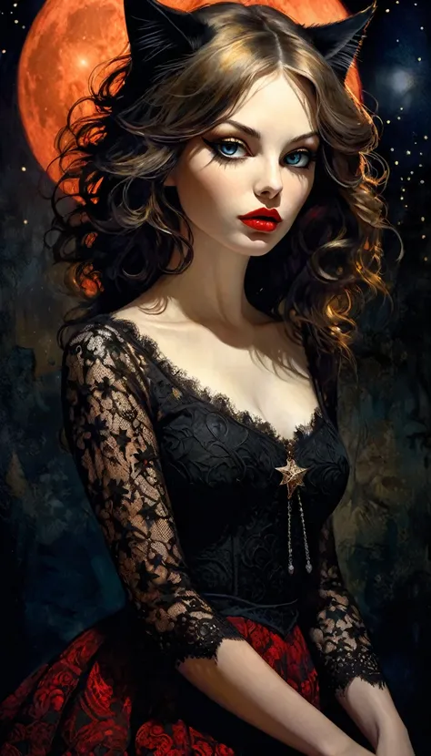 satanic cat and sexy girl, lace dress, , red moon, stars, magic, dark,(best quality, 4k, 8k, high resolution, masterpiece: 1.2), ultra-detailed, (realistic, photorealistic, photorealistic: 1.37), details intricate, vivid colors, sharp focus, professional, ...