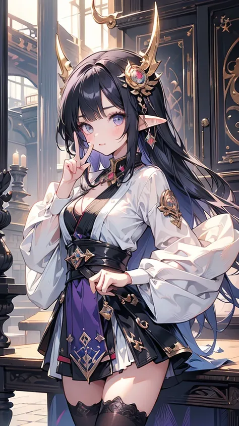 masterpiece, best quality, 1girl, ultra detailed, ultra highres, well-definded facial features, anatomically correct, cute girl, long pointy ears, elf, nice face, black hair, puple eyes, masterpiece, best quality, (peace sign), (tradingcard like magic the ...