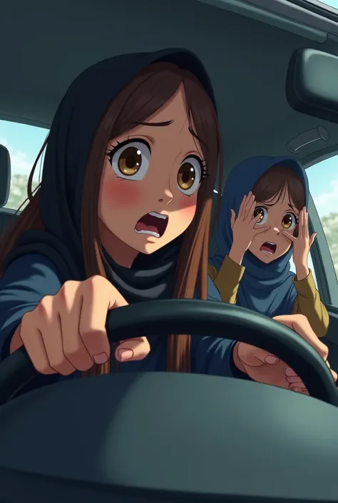 "In the car, there are two sisters; one girl is driving and has large eyes and long brown hairs. She is shocked
The other elder girl is left sitting  to her and wearing a hijab, she has her hand on her face and is upset  and shocked because she was slapped...