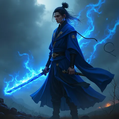 A guy named KOROSHE which has a blue flaming katana dressed in black and blue