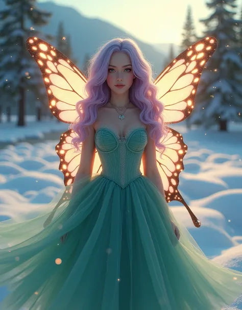 Light purple hair long curvy, big landscape,real firefly wings, snow background, Forest in background, mounain in background, river in background, high detailed tea green A skirt corset  dress, high detailed tulle skirt, full body, realistic, ultra realist...