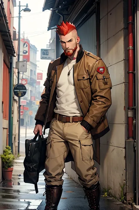 naughty man,offwhite ,Red-Haired, with short mohawk, short beard, beige jacket and pants , military boots