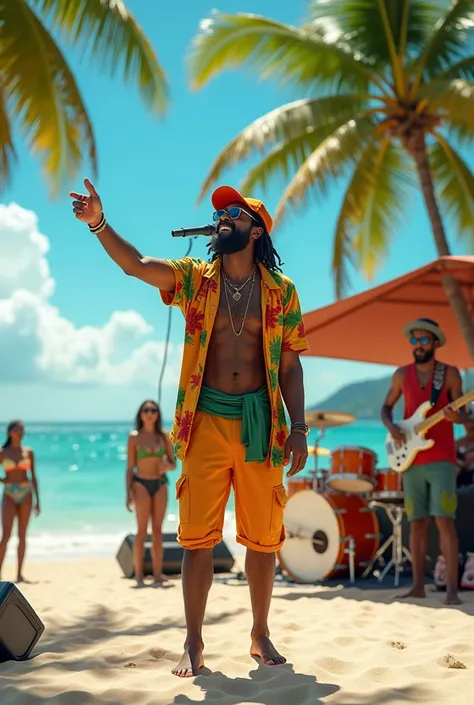 Beach man looking forward in shorts and cap singing with microphone and a reggae band