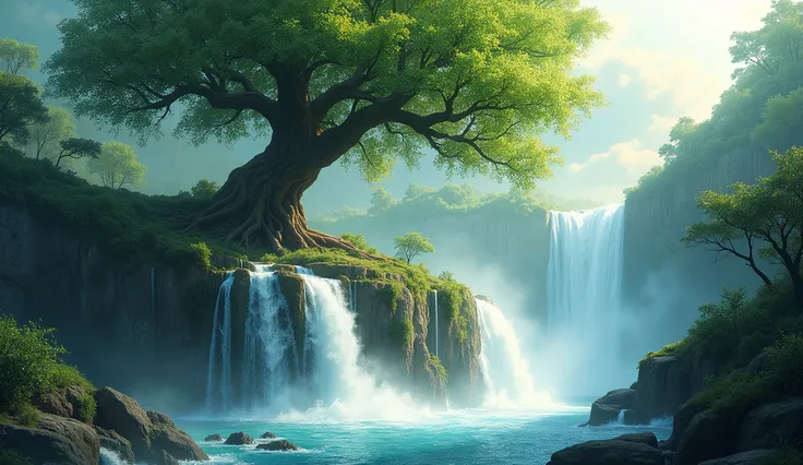 leafy tree above a waterfall