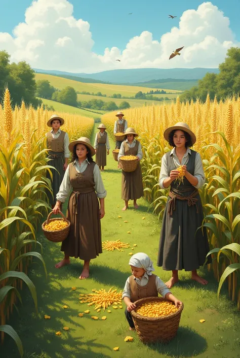 White men, children and women harvesting corn in a field
