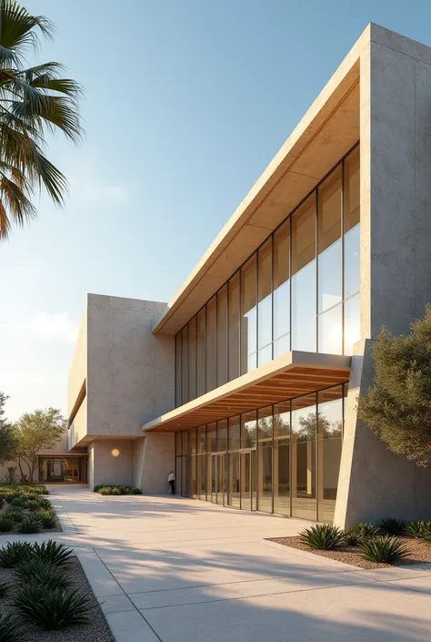 A modern hospital dedicated to public health, Designed with a contemporary and functional aesthetic, adapted to an arid climate. The main facade has large glass windows treated with solar protection., allowing natural light to enter without overheating the...