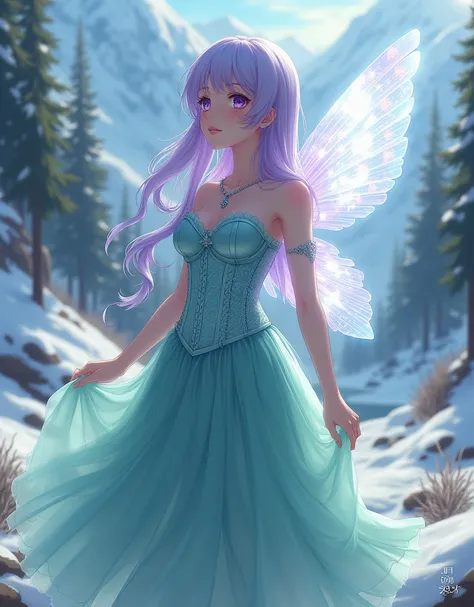 Light purple hair long curvy, big landscape,real firefly wings, snow background, Forest in background, mounain in background, long river in background, high detailed tea green A skirt dress,  high detailed corset with ice blue moitvates, high detailed tull...