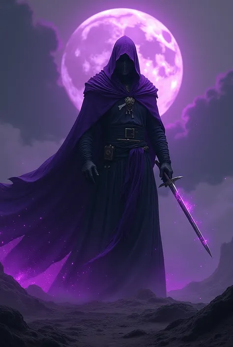 Monk with purple hood and mask, with sword, with malevolent purple aura on dark planet 