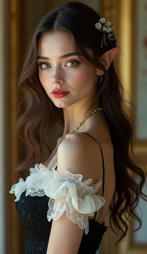 1 woman, full body shot (1.3),close up face shot (1.3), face shot, corridor,Soft Light, Russian Beauty,Light-haired,long hair, Castle Inside glided background, doll face, Russian-American gorgeous girl, with thick and long rich dark chocolate brown colored...