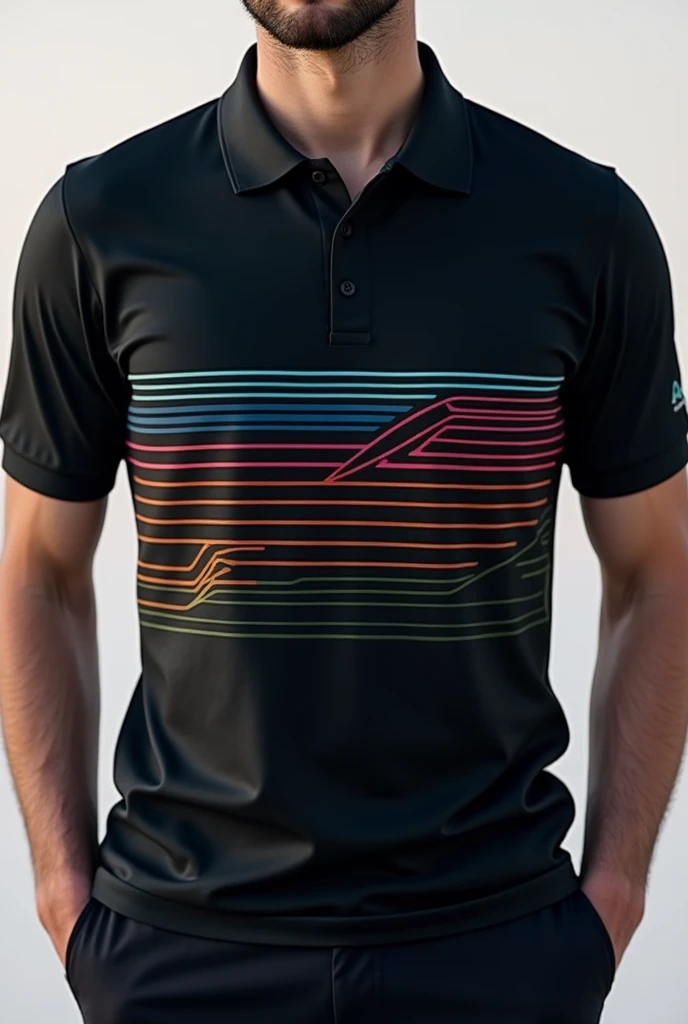 Polo shirt collar that is dark black in solid color, thin blue lines, red, Orange and green with thin horizontal lines only in the middle, The lines that are thin only in the middle With the Aci UPC logo and that says civil engineering on the shoulder.