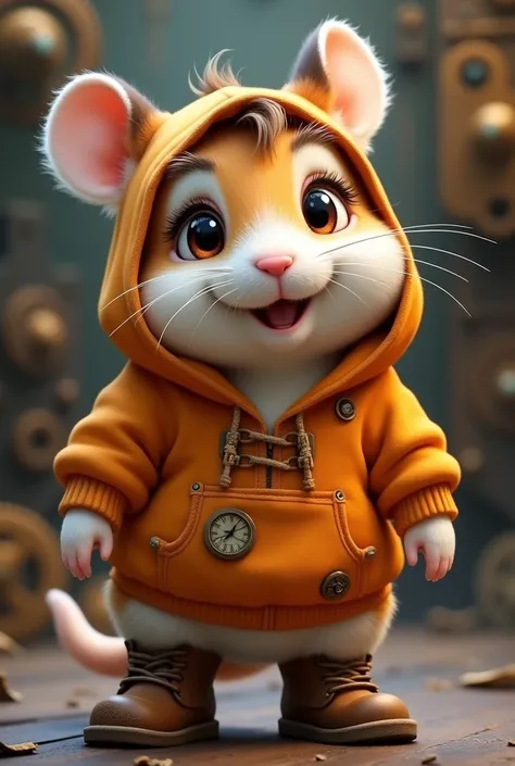 a steampunk cute hamster fursona with bootsIn an orange hoodie with a hoodie on his head