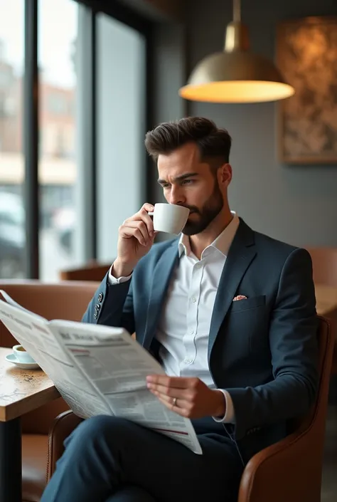 An ordinary man in a suit is drinking coffee and reading a newspaper in a cafe、modern, depth of field, uhd, masterpiece, accurate, super detail, high details, high quality, award winning, best quality, highres