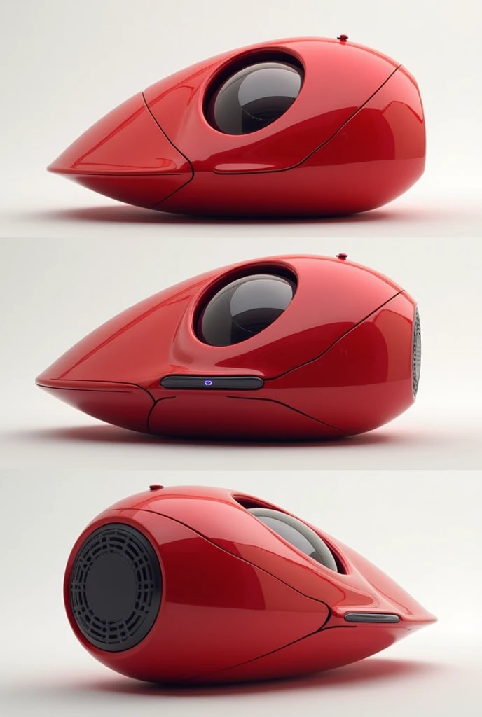 I need you to create me a futuristic red device that has a big button and a built-in speaker., similar to a pot or container and with a sphere in the center, Show me that pot from several perspectives 