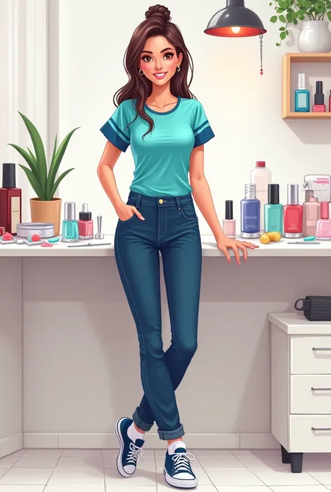 In drawing Lady Manicure in uniform with manicure kit , wearing a turquoise blue t-shirt blouse with blue pen sleeves, with long jeans, with blue sneakers, dark blue and white and white socks. Nail Polish Kit