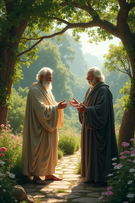 Epicurus and Kant talking in a garden (Epicurus has a white beard and Kant has no beard