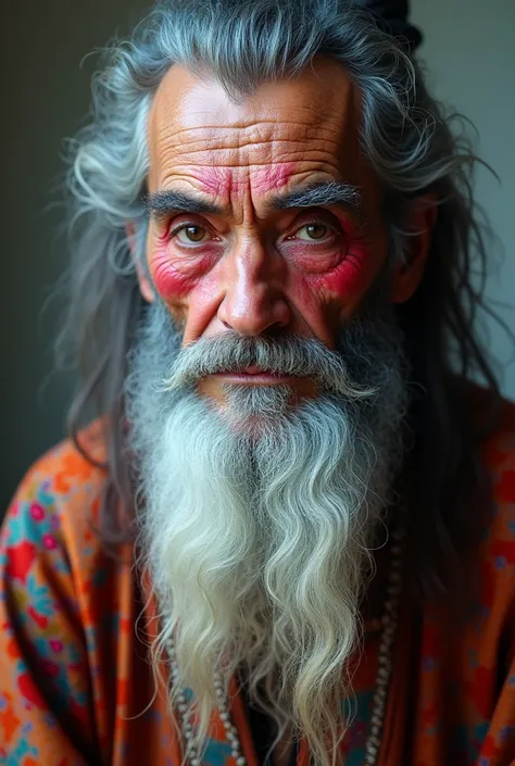 make an elderly man character with a long gray beard, long eyebrows, symbolic clothes of the east. he is about 80 years old.
he uses a lot of feminine makeup on his face in a very exaggerated way. with red lipstick, etc...