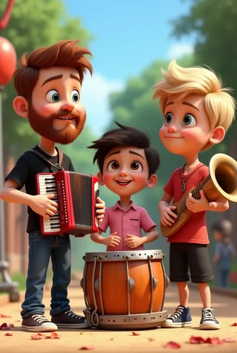 Pixar style image of 4 children playing musical instruments, one of them playing a 31-button accordion wearing a black t-shirt and jeans with a red beard, another boy playing a drum wearing a pink shirt with black pants light skin and thin, another playing...