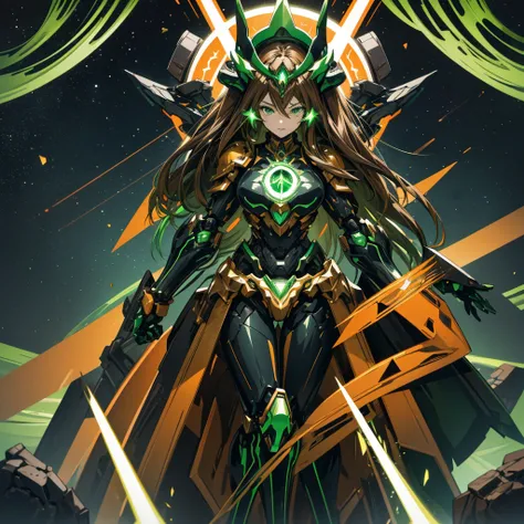 Anime style adult woman long brown hair,  with green eyes too, On her head she has a helmet that looks like a crown, her body is mechanical, her belly has exposed skin, her armor is dark green with light green and black around it, there are orange crystals...