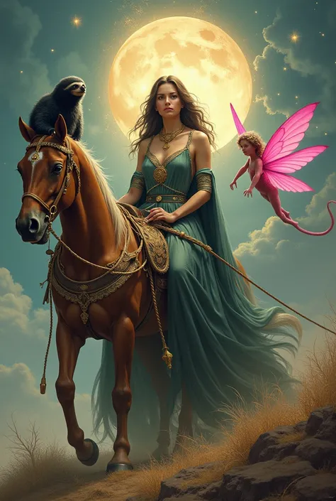 A woman mother of all . empe pulling the horse with a black sloth riding on the horse. And a pink fairy flying around the horse .